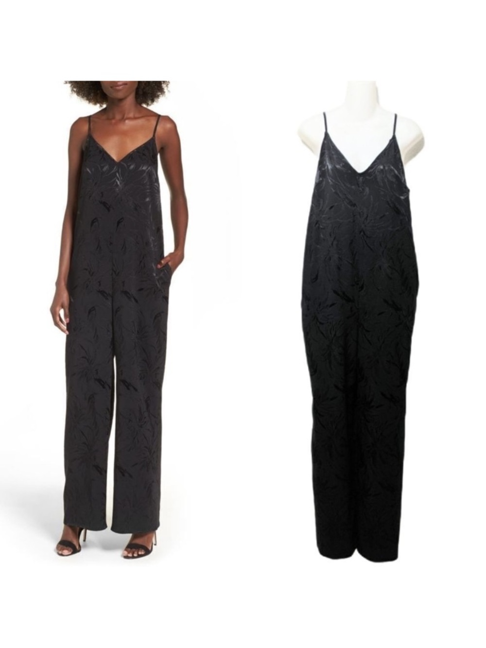 LEITH Black Jacquard Wide Leg Jumpsuit M